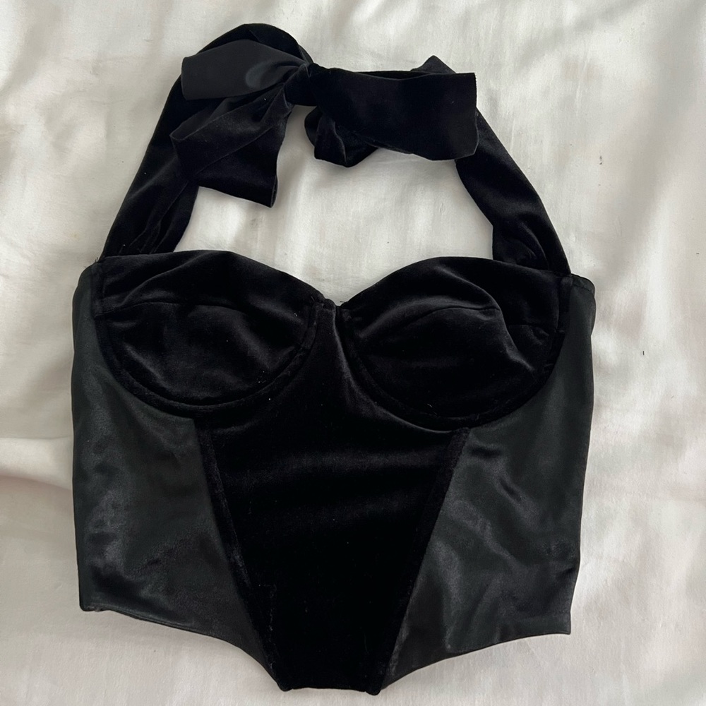 Black velvet halter corset, size small